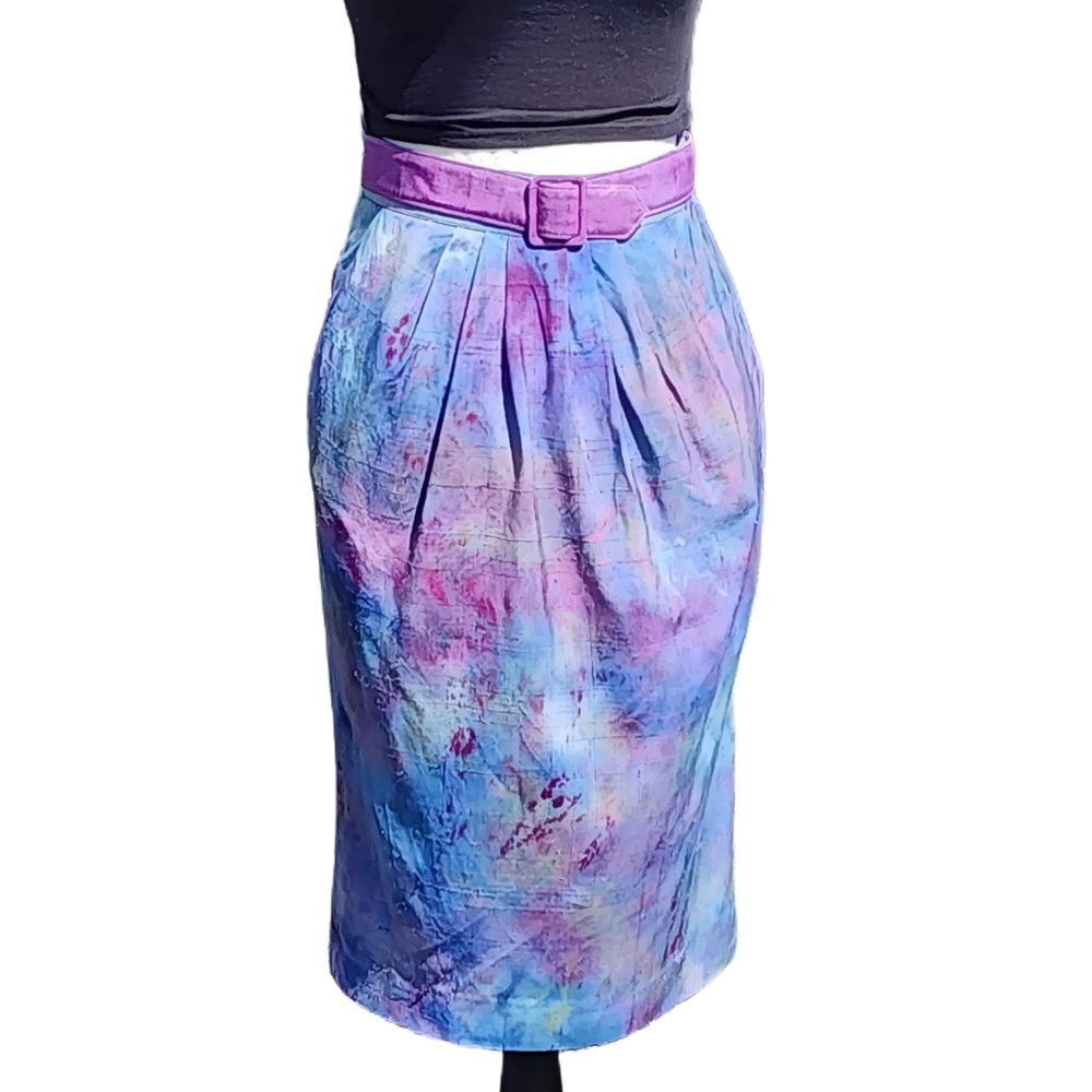 Andrea Jovine. Upcycled, vintage tie dyed 100% silk multi-color pencil skirt. 4